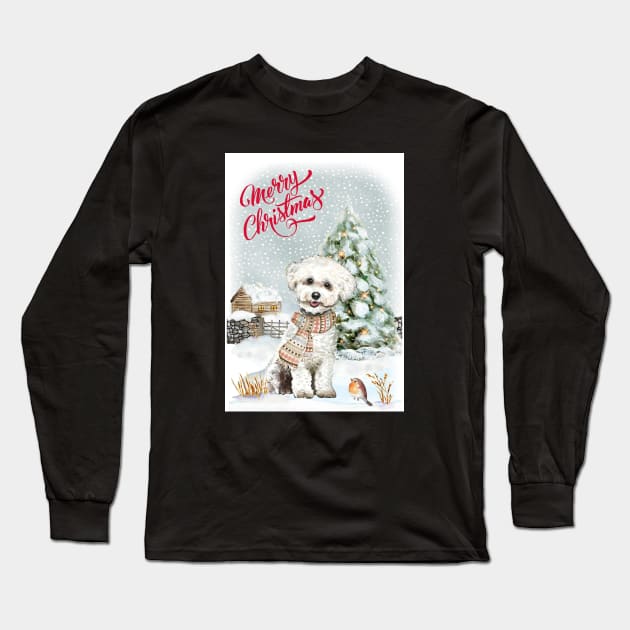 Bichon Frise Merry Christmas Santa Dog Long Sleeve T-Shirt by Puppy Eyes